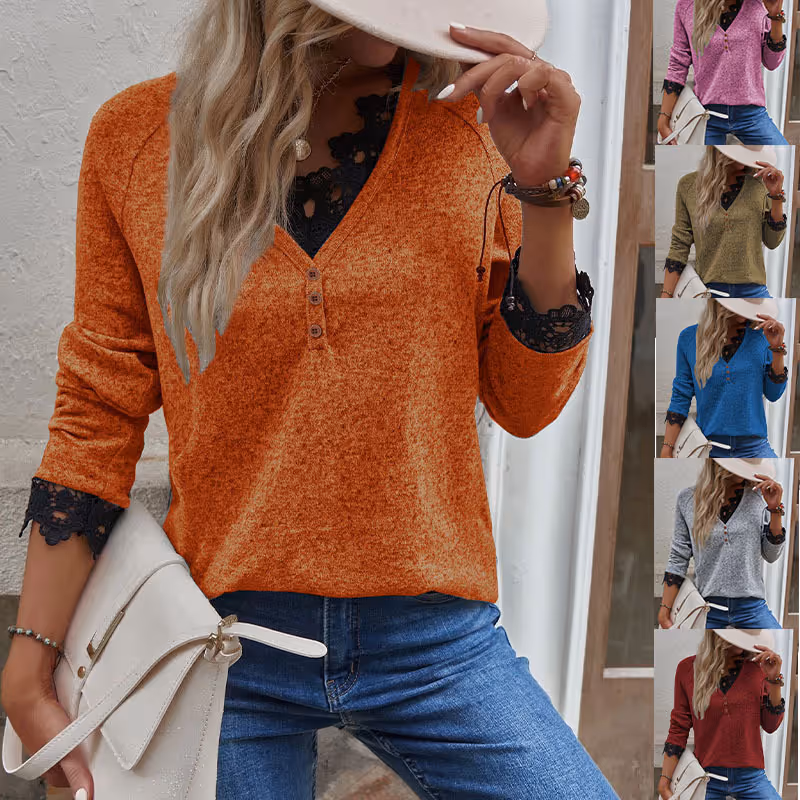 Hollow lace solid colour V-neck long sleeve