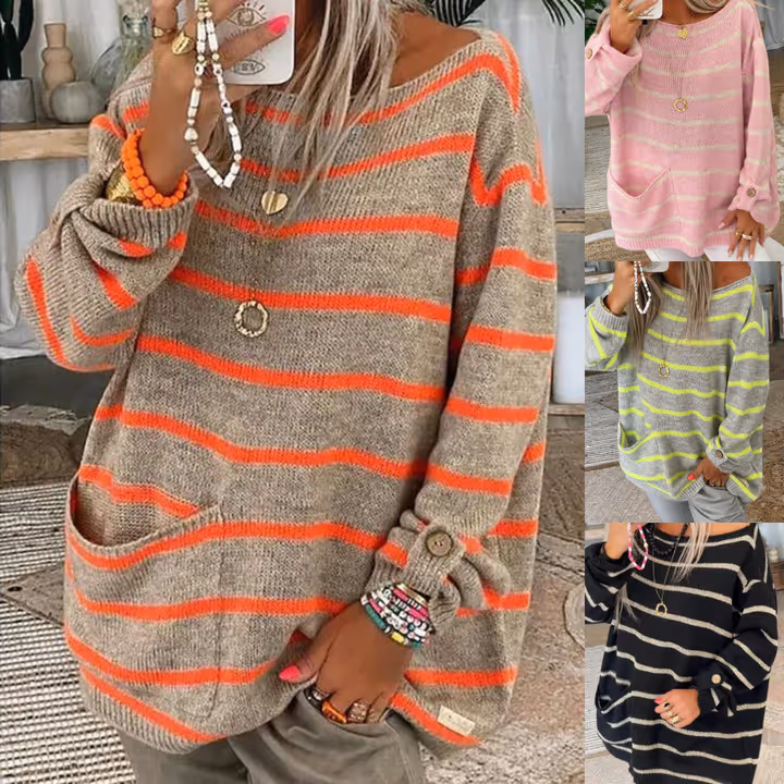 Women's Solid Color Contrast Striped Round Neck Sweater